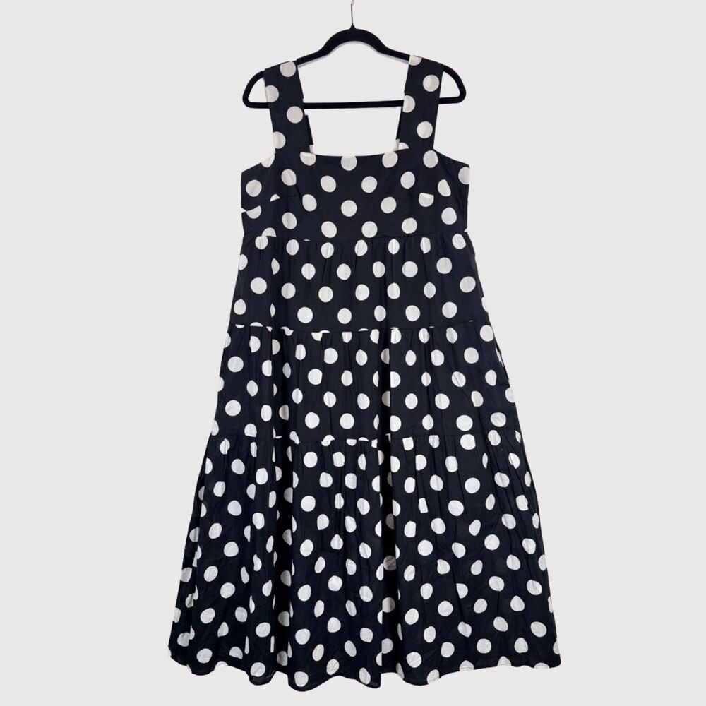 Aureum Mini Dress Black Tank Polka Dots Square Neck Tiered Smocked A Line Large